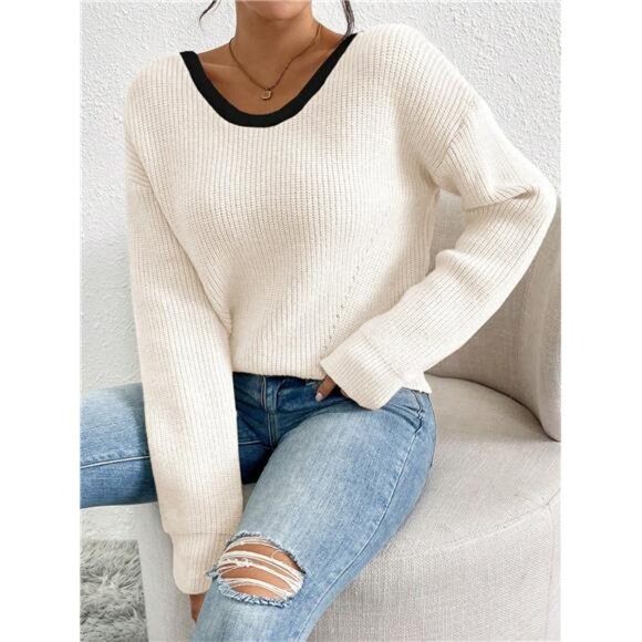 Women's Contrast Color Trim Bow Decor Back Split Sweater - Picture 4 of 7